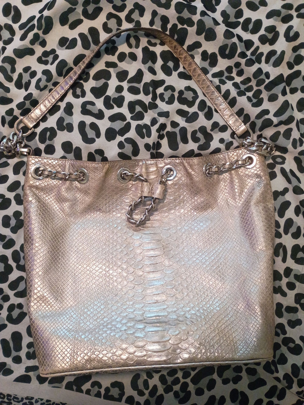 Michael Kors Frankie Metallic Silver Python Embossed Leather Drawstring